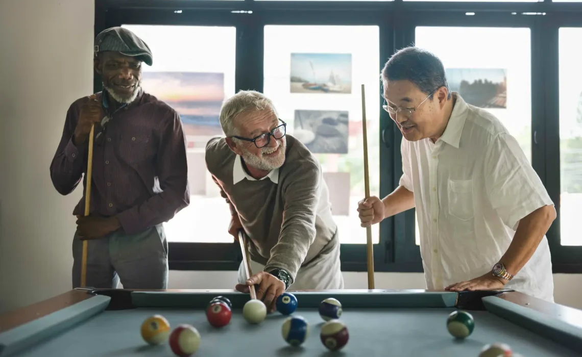 Friends Playing Billiard Relaxation Happiness Concept